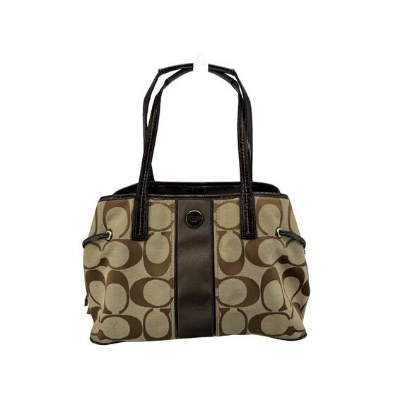 Coach Signature Stripe Khaki Mahogany Carryall Shoulder Bag - Picture 1 of 6
